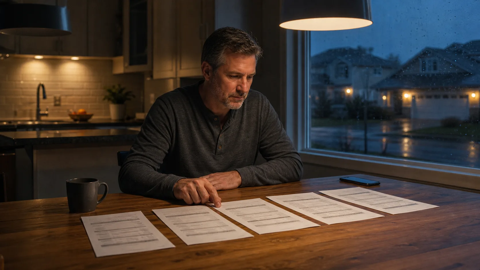 Illustrative scene of a homeowner comparing five roofing estimates at a kitchen table on a rainy evening